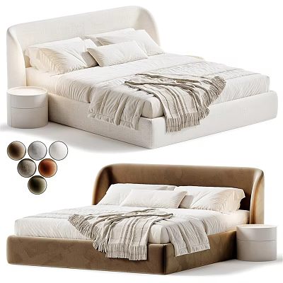 Modern Double Bed With Multiple Color Options Soft Pillows Cozy Blanket and Round Nightstand 3d model