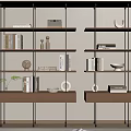 Modern Wooden Shelving Unit With Metal Frames Drawers Books And Decorative Items