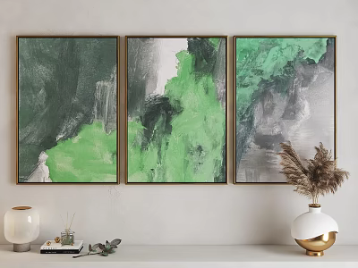 Modern Abstract Triptych Paintings With Green Gray Brush Strokes And Gold Frames 3d model