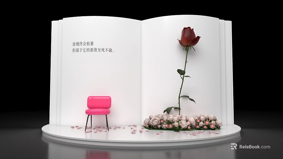 Open White Book Photo Check-in Spot With Red Rose Pink Chair Petals And Flower Bushes 3d model 