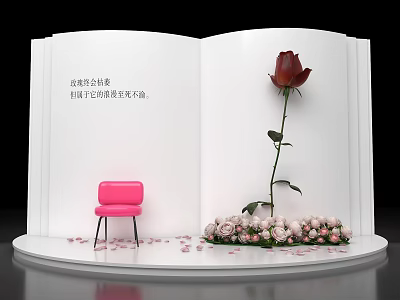 Open White Book Photo Check-in Spot With Red Rose Pink Chair Petals And Flower Bushes 3d model