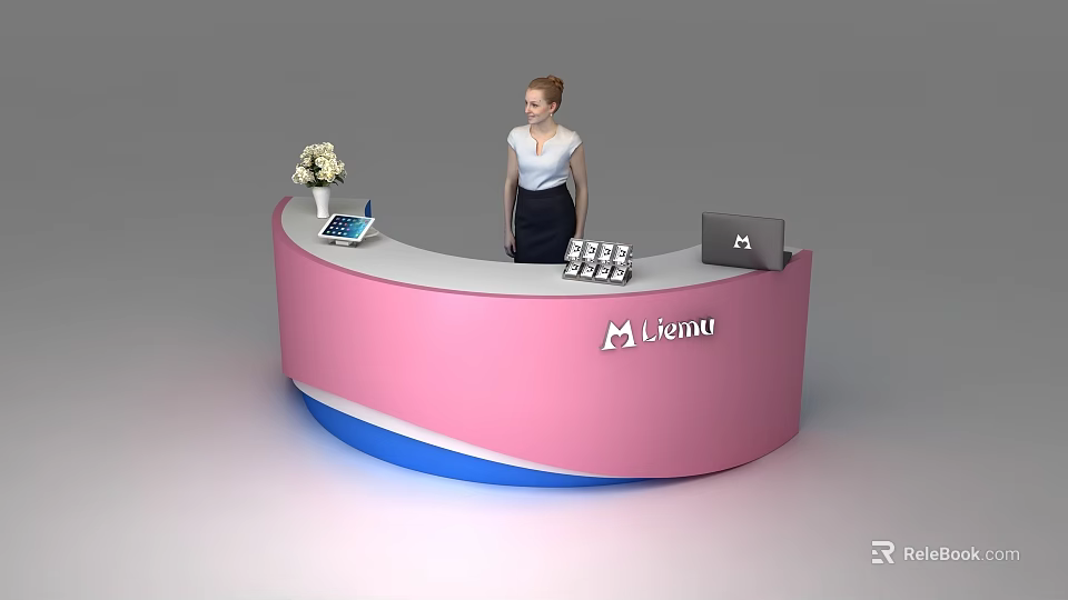 Liannu Pink Curved Reception Desk With Blue Base Flower Arrangement Laptop Telephone And Female Receptionist 3d model 