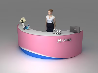 Liannu Pink Curved Reception Desk With Blue Base Flower Arrangement Laptop Telephone And Female Receptionist 3d model