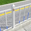 Road Infrastructure White Guardrail With Blue Vertical Strips Gray Concrete Base And Green Grass Background