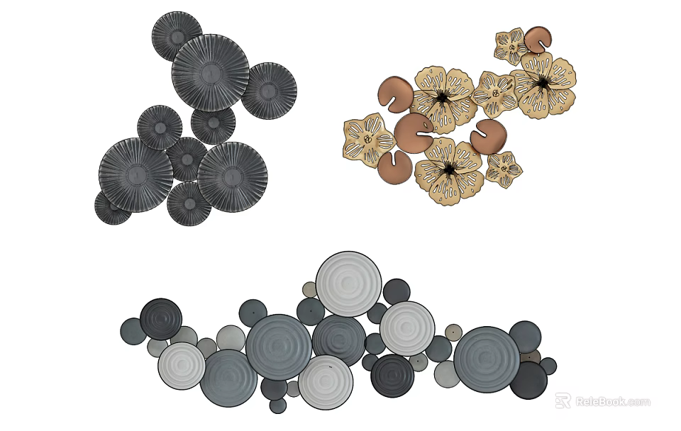 Creative Wall Decor With Circular And Petal Shaped Elements In Gray Black Brown Gold 3d model