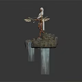 White Winged Warrior Standing on Rocky Outcrop Holding Bow by Flowing Waterfall
