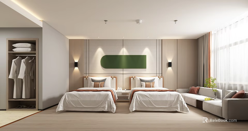Modern Hotel Guest Room Featuring Twin Beds Green Painting Wooden Walls Sofa And Table Lamps 3d model 