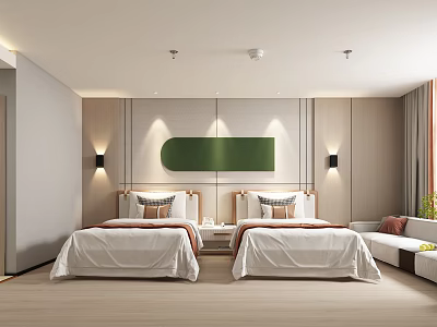 Modern Hotel Guest Room Featuring Twin Beds Green Painting Wooden Walls Sofa And Table Lamps 3d model