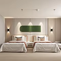 Modern Hotel Guest Room Featuring Twin Beds Green Painting Wooden Walls Sofa And Table Lamps