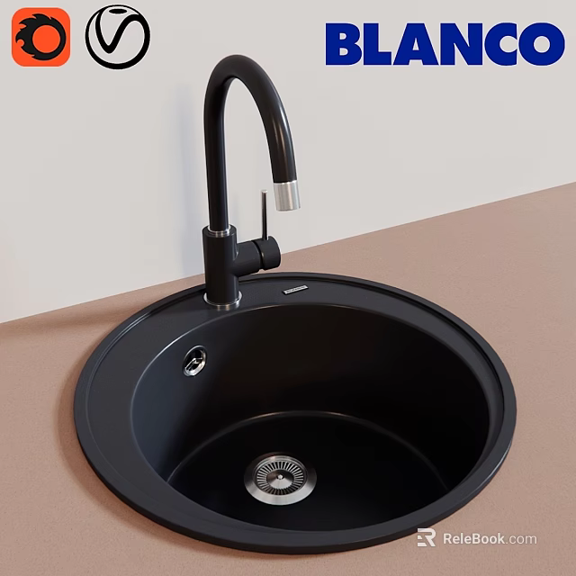 Sleek Black Round Wash Basin With Black Curved Faucet On Light Colored Countertop 3d model 