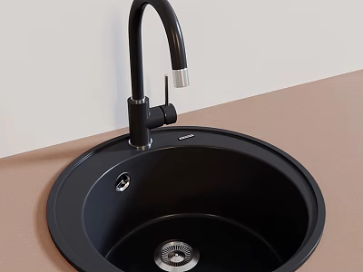 Sleek Black Round Wash Basin With Black Curved Faucet On Light Colored Countertop 3d model