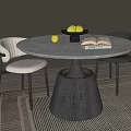 Stylish Round Dining Table Set with Marble Top Cone Base Two Upholstered Chairs Fruit Bowl