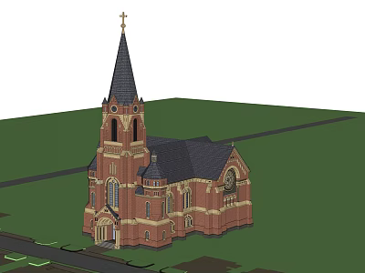 Ancient Church Architecture Featuring Tall Spire Red Brick Structure And Arched Windows 3d model