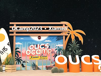 OCamp2023 Xiamen Photo Spot with Surfboard Palm Trees and 3D OUCS Letters 3d model