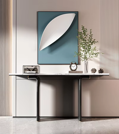 Modern Console Table with White Marble Top Clock Green Plant and Decorative Painting 3d model