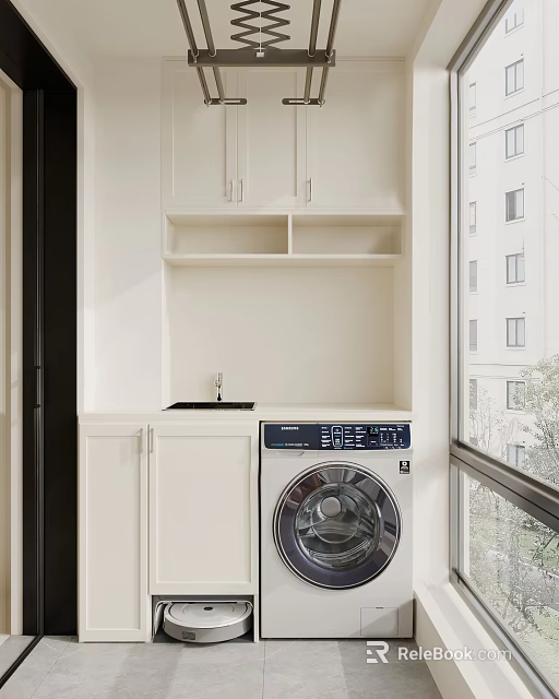 Home Balcony Interior With White Cabinets Open Shelves Sink And Washing Machine 3d model 