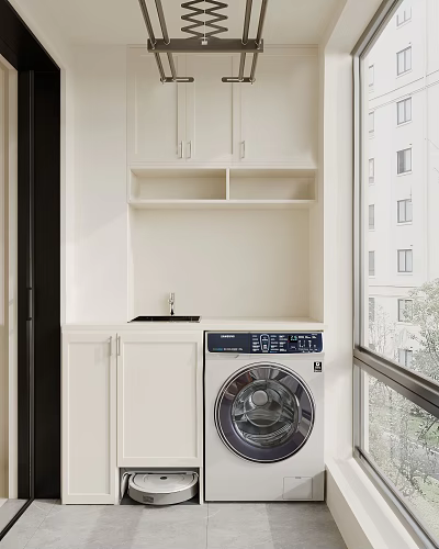 Home Balcony Interior With White Cabinets Open Shelves Sink And Washing Machine 3d model