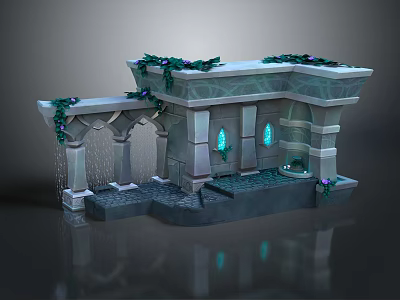 Mystical Stone Structure With Climbing Vines Glowing Windows And Explorer Character 3d model