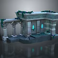 Mystical Stone Structure With Climbing Vines Glowing Windows And Explorer Character 3d model