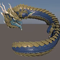 Blue And Gold Mythical Dragon With Intricate Scales And Curved Body Design
