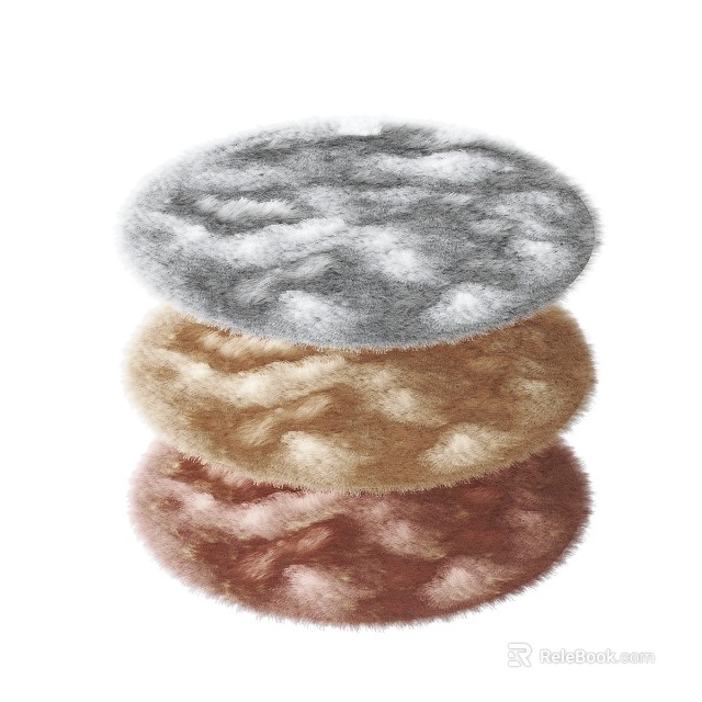 Soft Fluffy Round Rugs Stacked in Three Colors Gray Brown Pink 3d model 