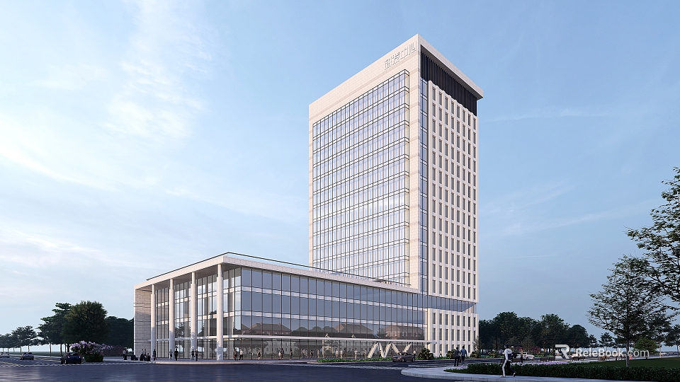 Modern Commercial Building Complex With Glass Facade And High Rise Tower 3d model 