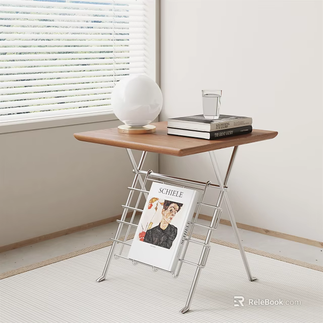 Modern Side Table with Wooden Top Metal Frame Magazine Rack and White Globe Lamp 3d model 