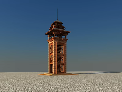 Traditional Wooden Tower With Multi Tiered Design Against Clear Blue Sky On Open Ground 3d model