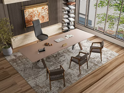 Modern Home Office Desk Interior With Wooden Tabletop Chairs Area Rug Bookshelf And Artwork 3d model