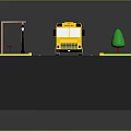 School Bus Stop Scene With Yellow Bus Shelter Street Lamps Green Trees And Grass