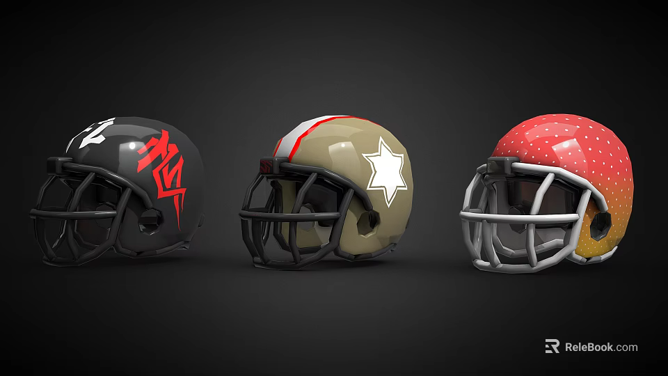 Three Different American Football Helmets with Black Red Gold Colors and Star Dot Patterns 3d model 