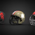 Three Different American Football Helmets with Black Red Gold Colors and Star Dot Patterns