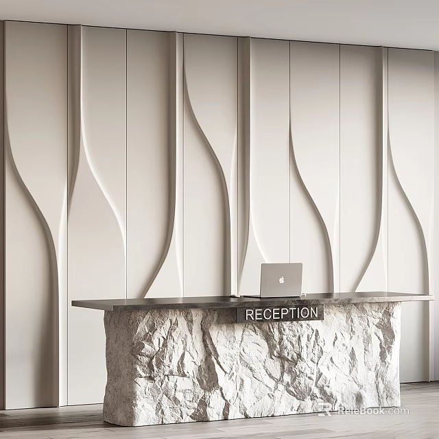 Modern Reception Desk Set With Black Countertop Rock Base Laptop And White Wavy Textured Wall 3d model 