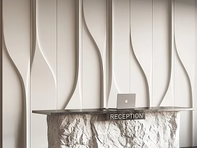 Modern Reception Desk Set With Black Countertop Rock Base Laptop And White Wavy Textured Wall 3d model