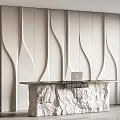 Modern Reception Desk Set With Black Countertop Rock Base Laptop And White Wavy Textured Wall