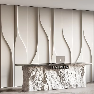 Modern Reception Desk Set With Black Countertop Rock Base Laptop And White Wavy Textured Wall 3d model