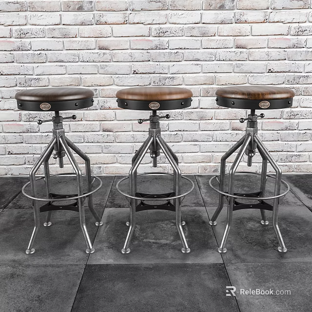 Industrial Style Leather Seat Bar Stools With Adjustable Metal Frame And Footrests 3d model 