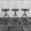 Industrial Style Leather Seat Bar Stools With Adjustable Metal Frame And Footrests
