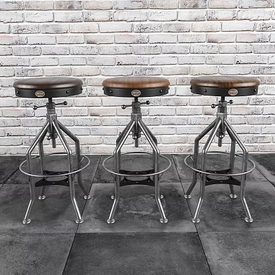 Industrial Style Leather Seat Bar Stools With Adjustable Metal Frame And Footrests 3d model