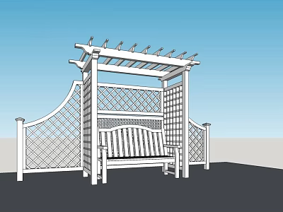 White Garden Pergola with Lattice Fence and Wooden Bench Decorative Structure 3d model