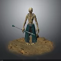 Alien Fantasy Creature Holding Blue Staff Standing on Desert Sand Surface