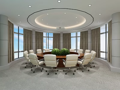 Modern Conference Room Interior With Round Table White Chairs Green Plant And Large Windows 3d model