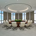 Modern Conference Room Interior With Round Table White Chairs Green Plant And Large Windows