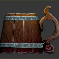 Decorative Wooden Barrel Shaped Mug With Wood Grain Texture Metal Bands And Curved Handle