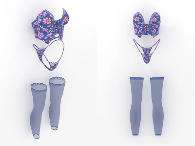 Women's Purple Floral Bikini Set With Gray Stockings And Lace Trim 3d model