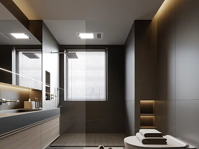 Modern Bathroom Interior With White Bathtub Vanity Mirror And Blinds 3d model