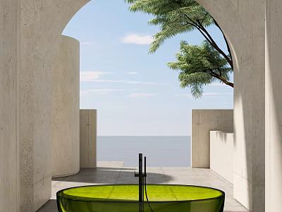 Green Bathtub In Outdoor Seaside Setting With Arched Structure And Tree 3d model