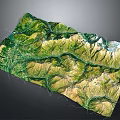 3D Topographic Terrain Model With Green Yellow Landforms And Ridges