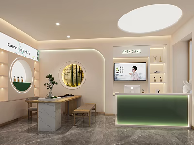 Modern Skincare Store Front Desk With Green Counter Display Shelves And Round Windows 3d model