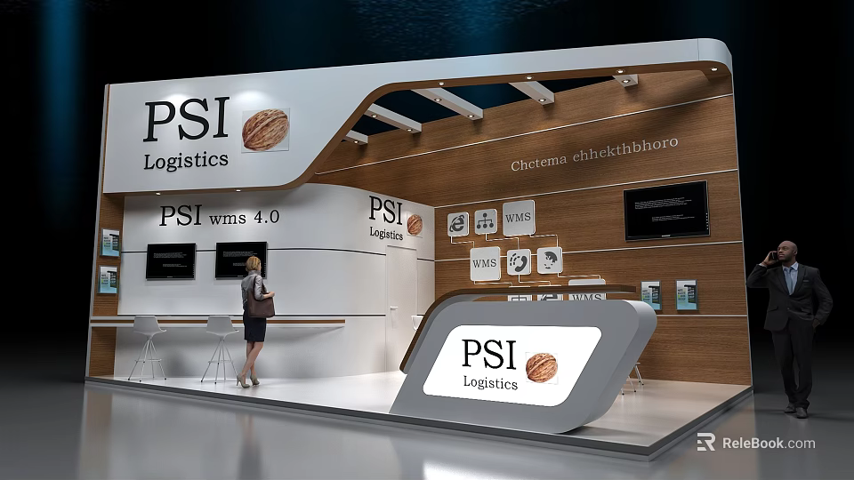 Modern Exhibition Booth for PSI Logistics with Chem Dispatching Display Boards and Reception Desk 3d model 